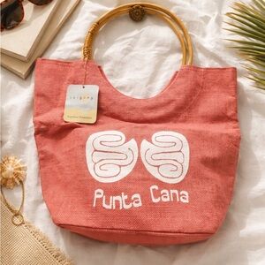 Taigüey Coral Tote Bag with Bamboo Handles - Punta Cana Print